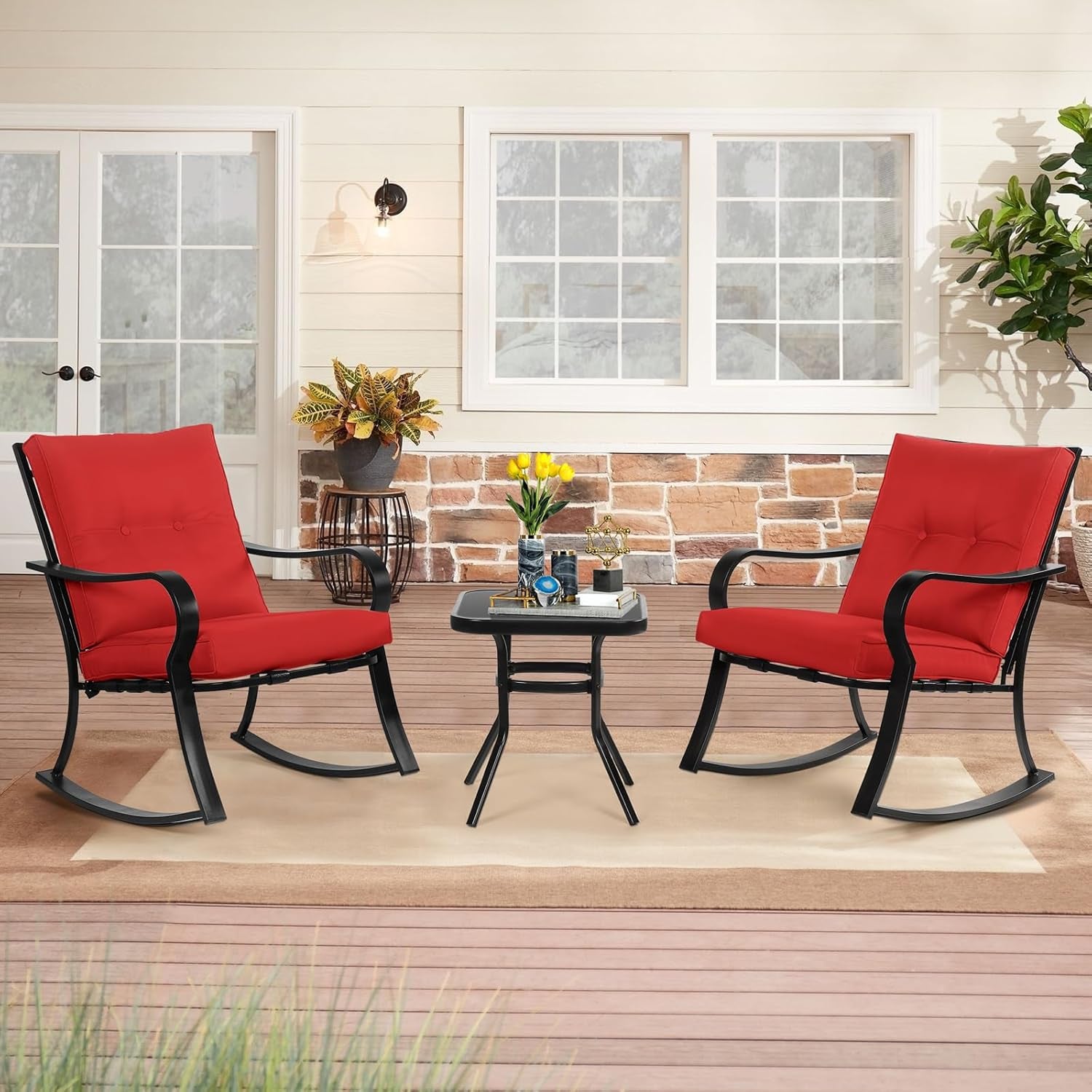 3-Piece Outdoor Rocking Chairs Bistro Set, Black Iron Patio Furniture with Red Thickened Cushion & Glass-Top Coffee Table