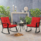 3-Piece Outdoor Rocking Chairs Bistro Set, Black Iron Patio Furniture with Red Thickened Cushion & Glass-Top Coffee Table