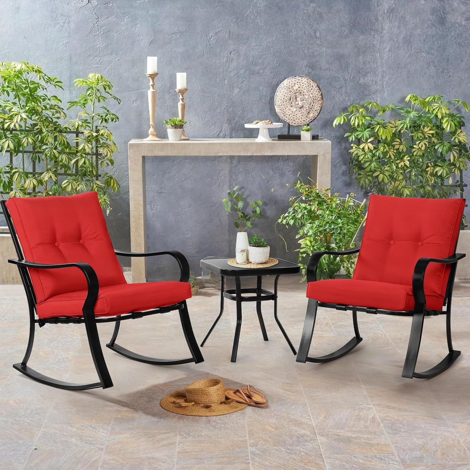 3-Piece Outdoor Rocking Chairs Bistro Set, Black Iron Patio Furniture with Red Thickened Cushion & Glass-Top Coffee Table