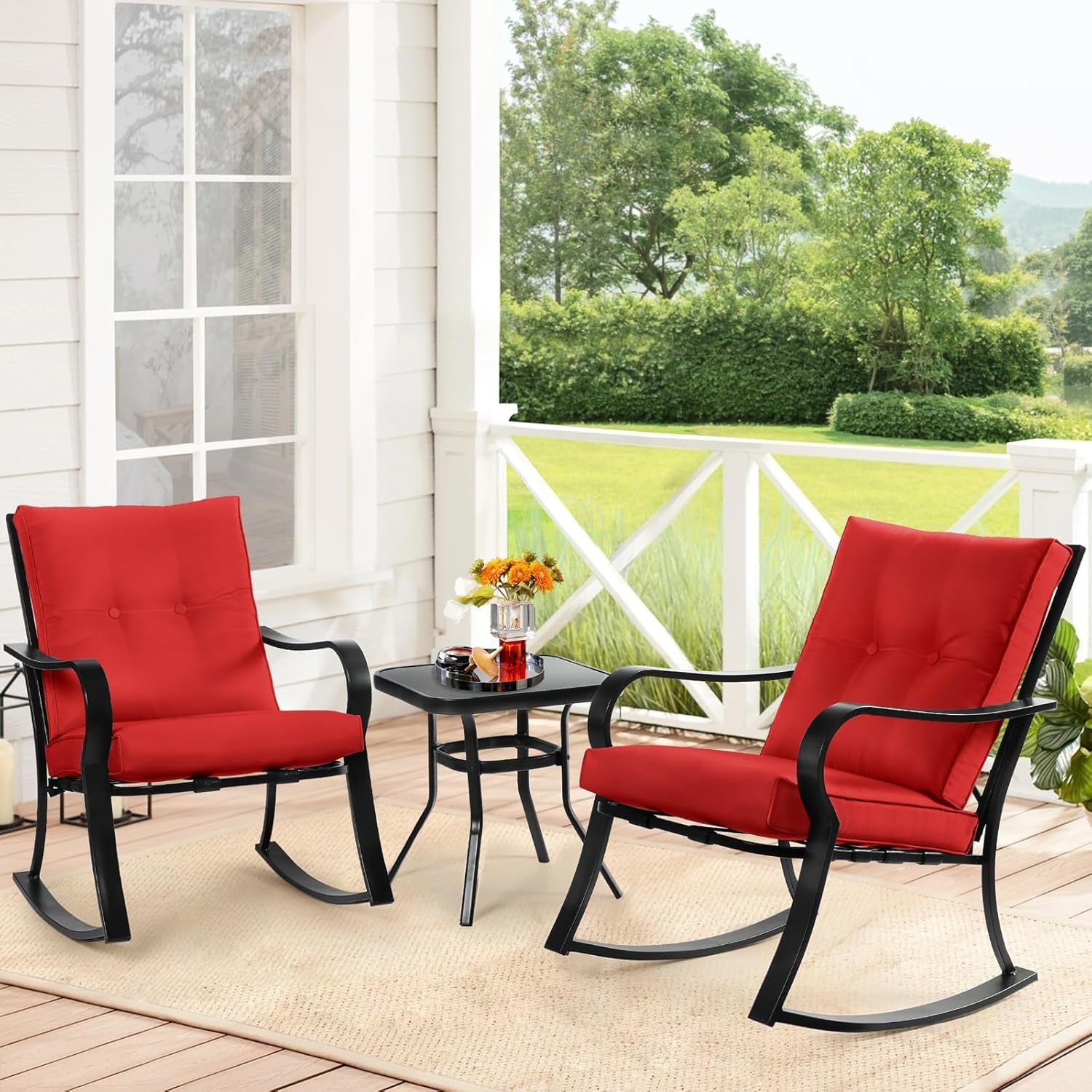 3-Piece Outdoor Rocking Chairs Bistro Set, Black Iron Patio Furniture with Red Thickened Cushion & Glass-Top Coffee Table