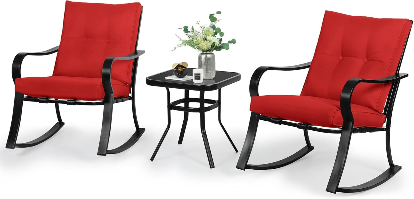 3-Piece Outdoor Rocking Chairs Bistro Set, Black Iron Patio Furniture with Red Thickened Cushion & Glass-Top Coffee Table