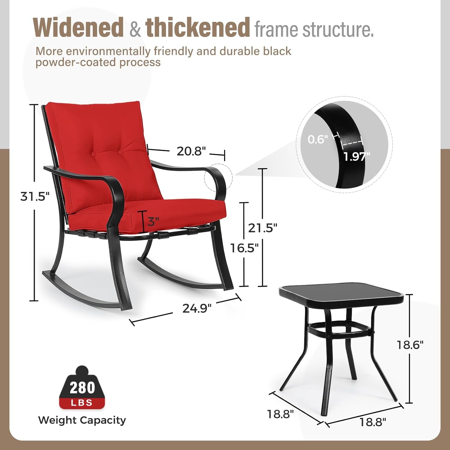 3-Piece Outdoor Rocking Chairs Bistro Set, Black Iron Patio Furniture with Red Thickened Cushion & Glass-Top Coffee Table
