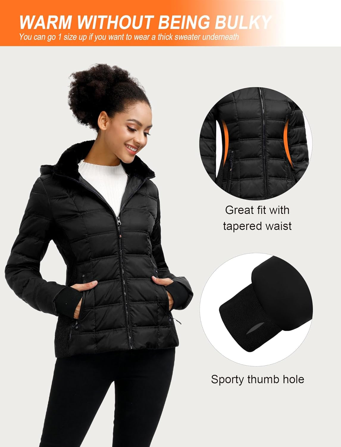 Women down Puffer Jacket Warm Hooded Winter down Puffer Coat with Faux-Fur Hood & Collar