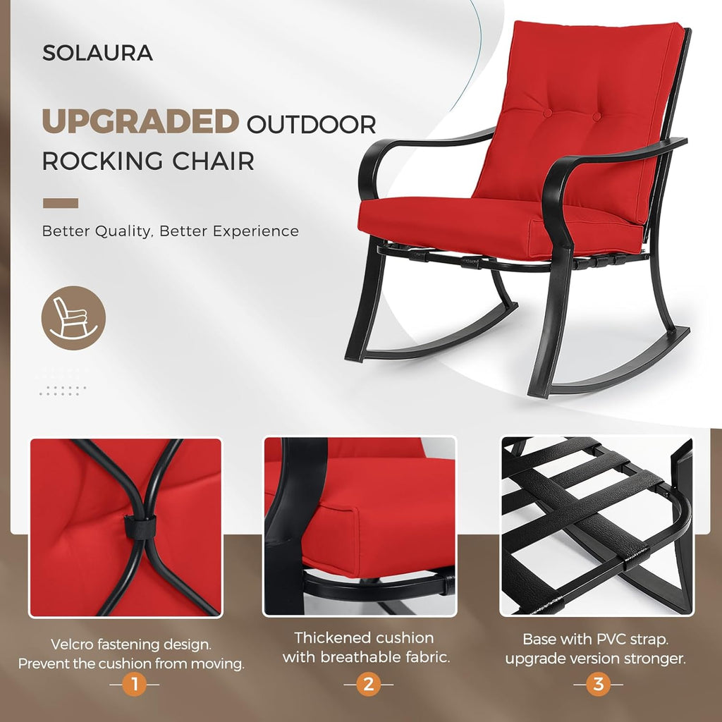 3-Piece Outdoor Rocking Chairs Bistro Set, Black Iron Patio Furniture with Red Thickened Cushion & Glass-Top Coffee Table