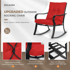 3-Piece Outdoor Rocking Chairs Bistro Set, Black Iron Patio Furniture with Red Thickened Cushion & Glass-Top Coffee Table